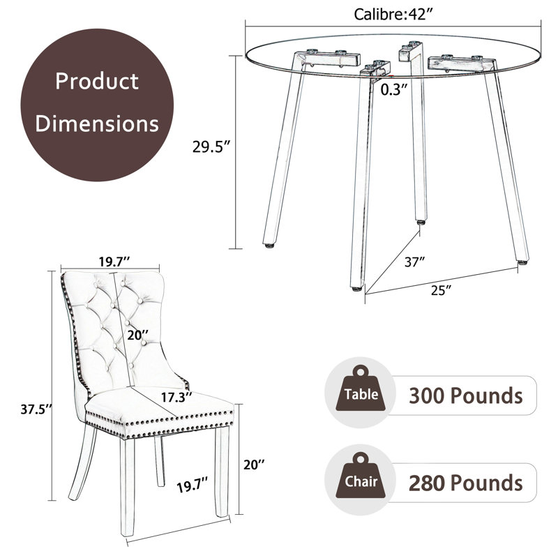 5-Piece Round Glass Dining Table Set, Black, 29.5" H x 42" W x 42" D