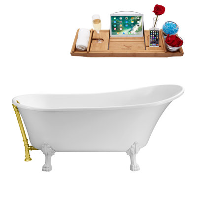 55" Streamline Clawfoot Soaking Acrylic Bathtub With Drain, Clawfeet, and Bamboo Tray