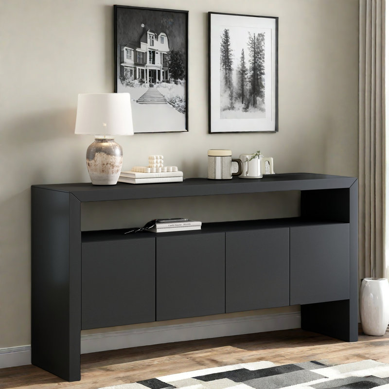 Console moderne à 4 portes avec tablette ouverte et grain de bois naturel, Noir