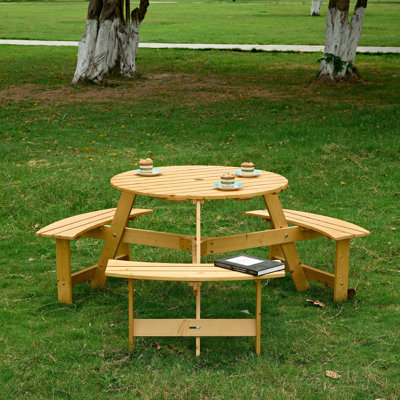 Table de pique-nique en bois naturel pour 6 bancs spacieux, idéale pour la cour et la piscine, avec 3 trous pour parasol intégrés. Grain, cour arrière imperméable, patio, jardin