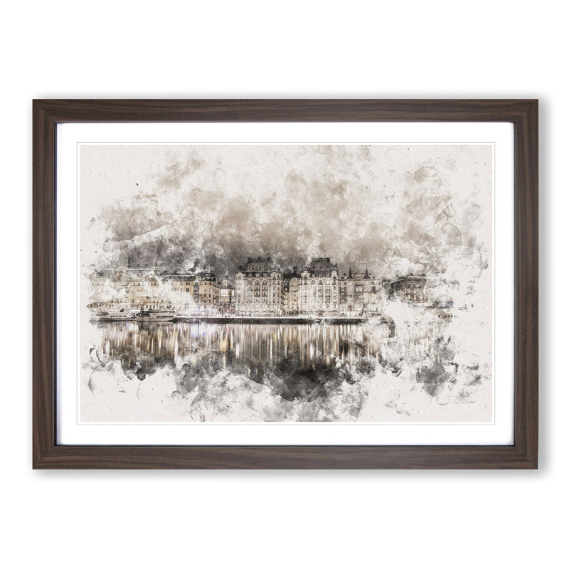 Reflection of Stockholm in Sweden - Picture Frame Painting Print, 24cm H x 33cm W x 2cm D, Walnut Framed