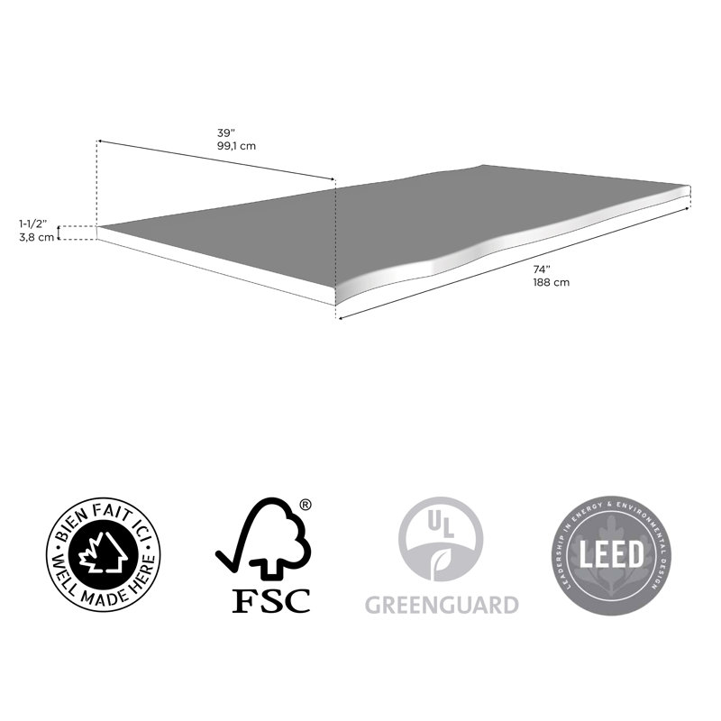Comptoir en acacia Live Edge Island, H 39 po x l 1,5 po x P 74 po