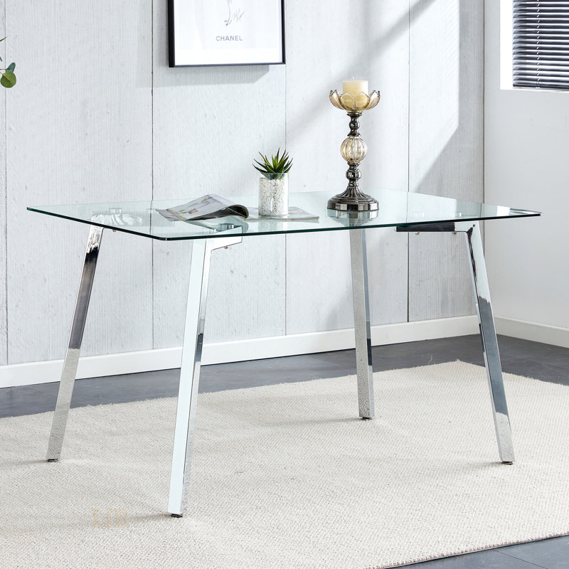 Table de salle à manger en verre moderne minimaliste pour 4 à 6 personnes avec plateau en verre trempé de 0,31 po et pieds en métal plaqué