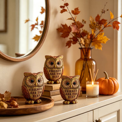 3-Piece Resin Owl Figurine Set, 5.5" Hand-Carved Wood-Look Sculptures with "FRIENDS ARE THE BEST" Engraving, Rustic Woodland Shelf Sitters for Home Office Desk & Bookshelf, Friendship Gift for Owl Lovers