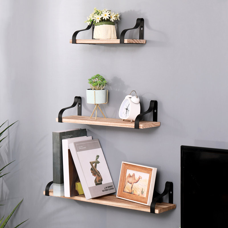 Natural Wood Bracketed Shelves Of 3 - Enhance Appeal Bedroom, Living Room, Kitchen, Bathroom Floating Decorate Your Spaces With