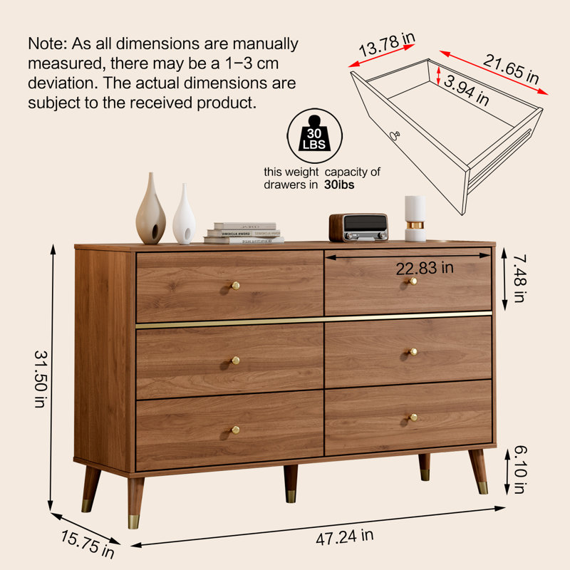 6 Drawer 47'' W Dresser, Brown