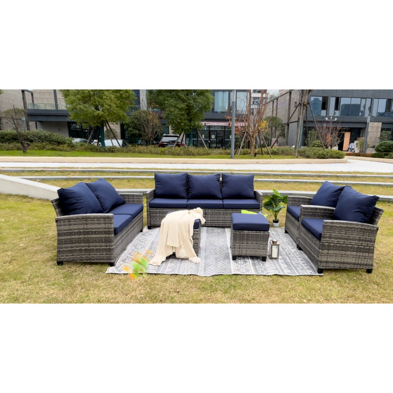 Ensemble de meubles de patio 6 pièces, ensemble de conversation pour canapé modulaire en osier avec repose-pieds pour jardin, gris / bleu (coussins gris en rotin bleu, ensemble de 6 pièces)