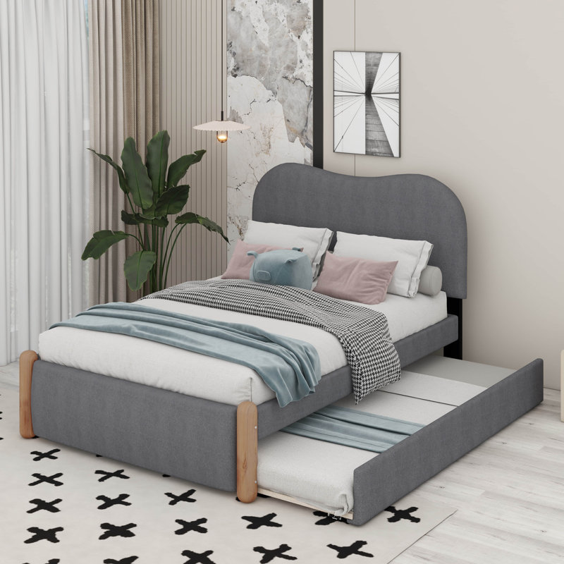 Lit plateforme tapissier avec pieds de soutien en bois et lit gigogne Aevah, Gris, Simple
