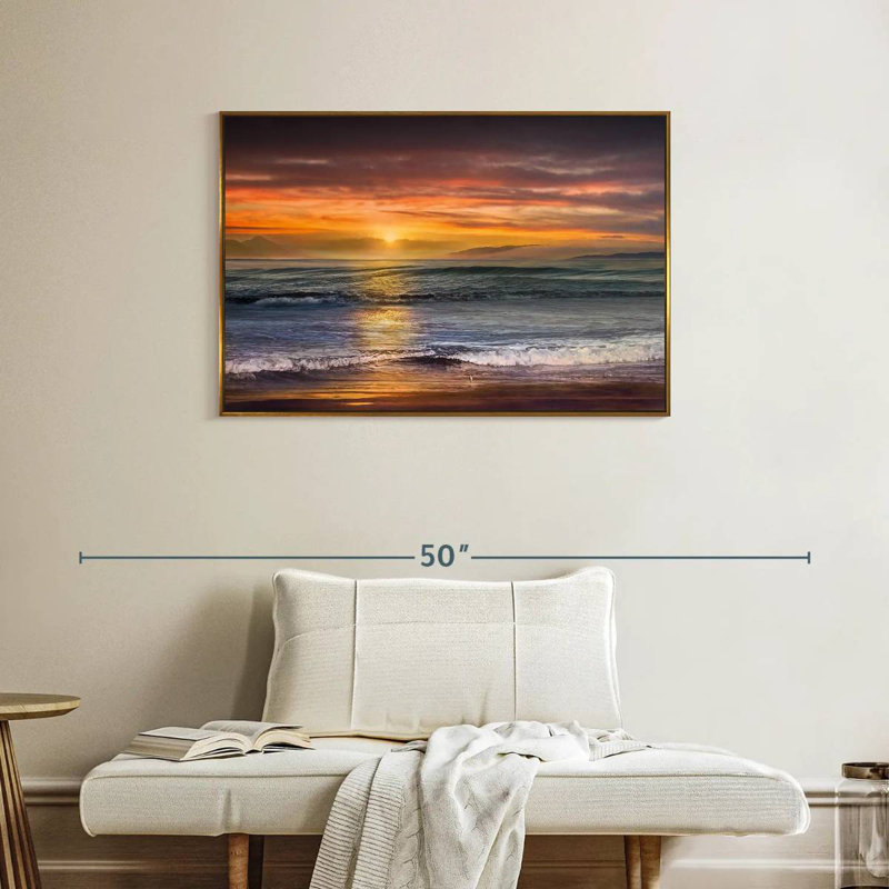 Le coucher du soleil sur la plage de Descanso, Cadre flottant doré, 37 po x 25 po