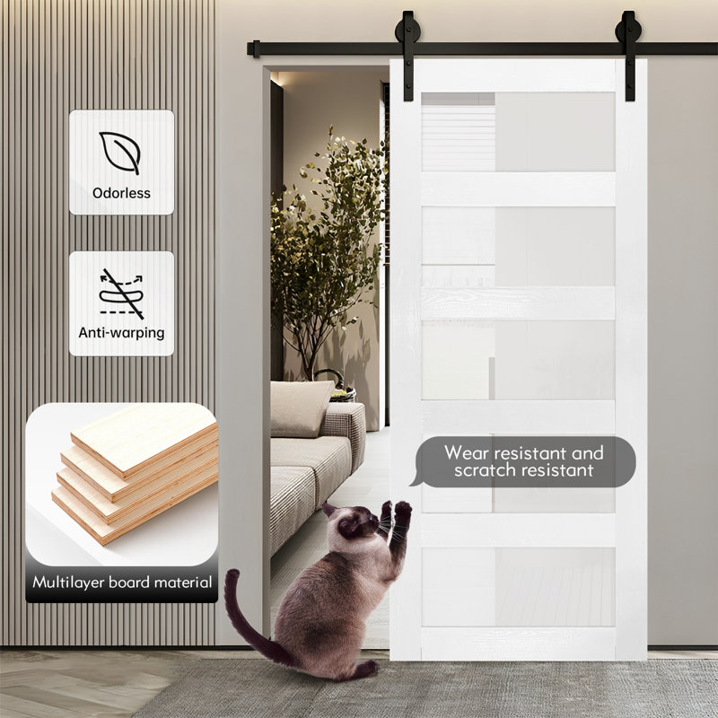 Glass Sliding MDF Barn Sliding Door Hardware Kit, Tempered Frosted Glass, Simple DIY Assembly