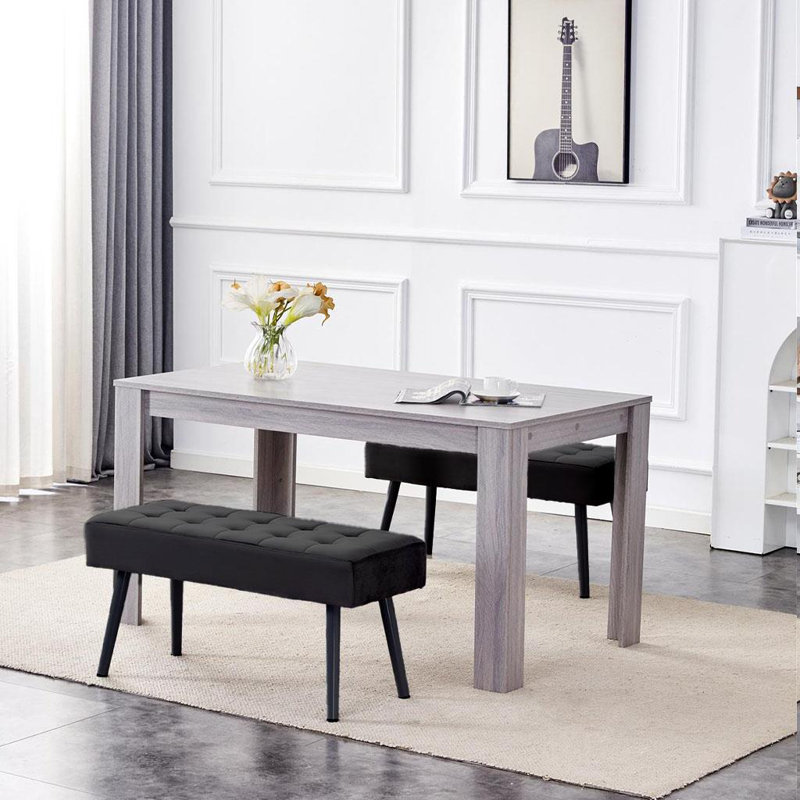 Fairmont Dining Table with 2 Velvet Benches Set, 75cm H x 117cm L x 77cm W, Grey