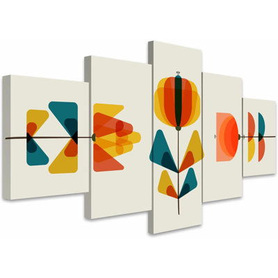 Mid Century Shape " Nordic Style Geometric Floral Wildflower Plant Landscapes " 5 - Pieces