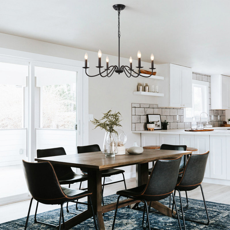 Ercel 6-Light Dimmable Classic Candle Style Rustic Linear Farmhouse Chandelier for Kitchen Island , Black, 6