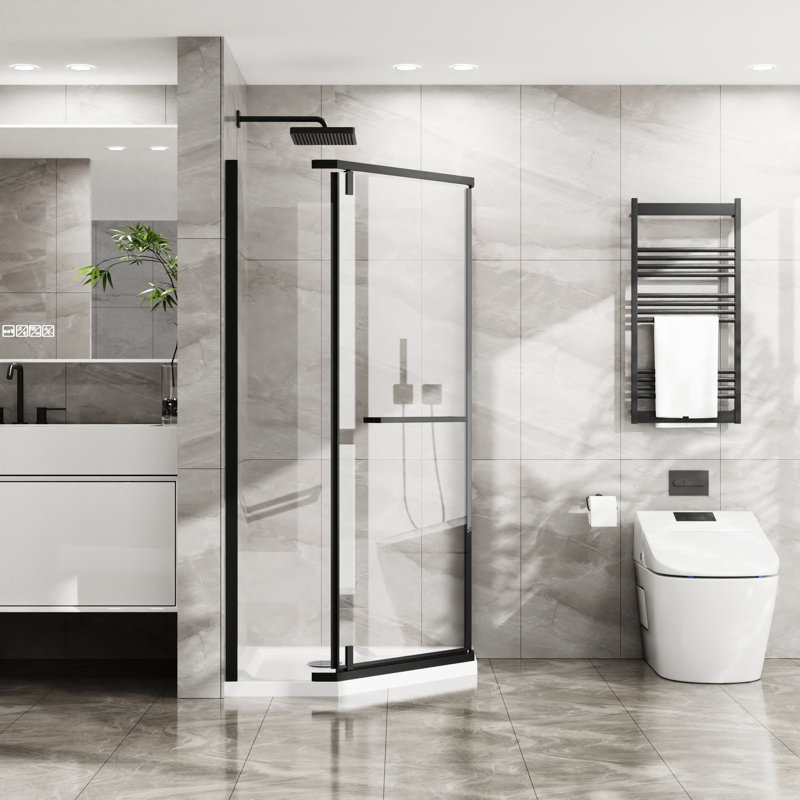 36"X36"X72" -Angle Shower - Matte Black, Clear Tempered Glass, 304 Stainless Steel Hardware For Durability 72 In. 36X36, Sheet Metal Screws