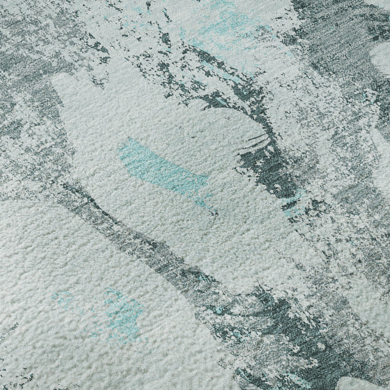 Teal Floral Synthetic 9' x 12' Washable Rectangular Rug