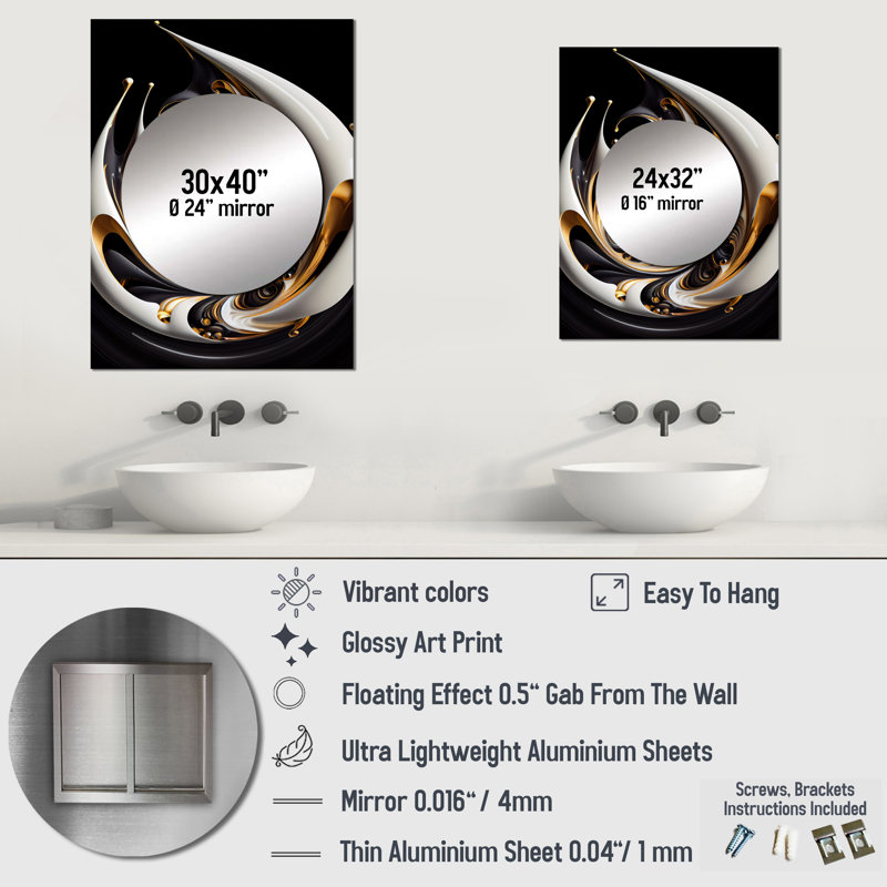 Treyvion Gold Black And White Stained Glass II - Abstract Spirals Mirror, Gold Decorative Wall Mirror, Printed Metal Art