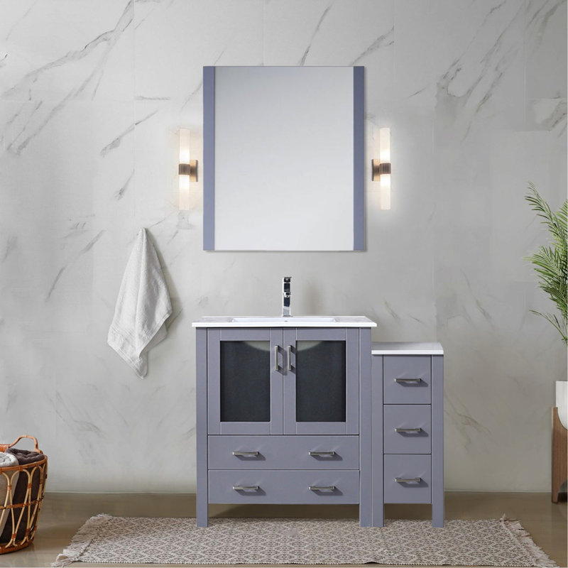 42 po W Meuble-lavabo gris foncé avec compartiments de rangement latéraux, comptoir de lavabo en céramique blanche, robinet et miroir mural de 28 po avec tiroir de qualité durable