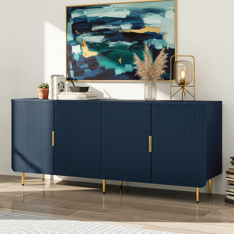 65" Fluted Sideboard Buffet Cabinet with 4 Doors and Adjustable Shelves , Blue