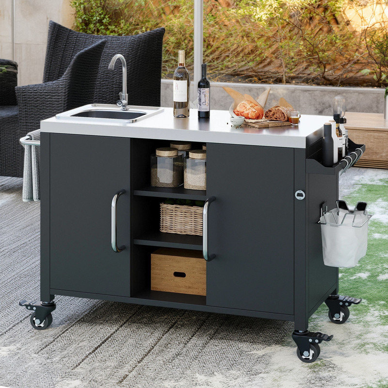 Îlot de cuisine 55,5 po avec évier et chariot de barbecue, 4 roues verrouillables