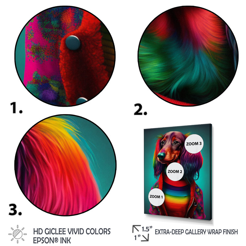 Impression sur toile Cool Dachshund In Rainbow Designer, H 40 po x l 30 po x P 1,5 po, Cadre simple blanc