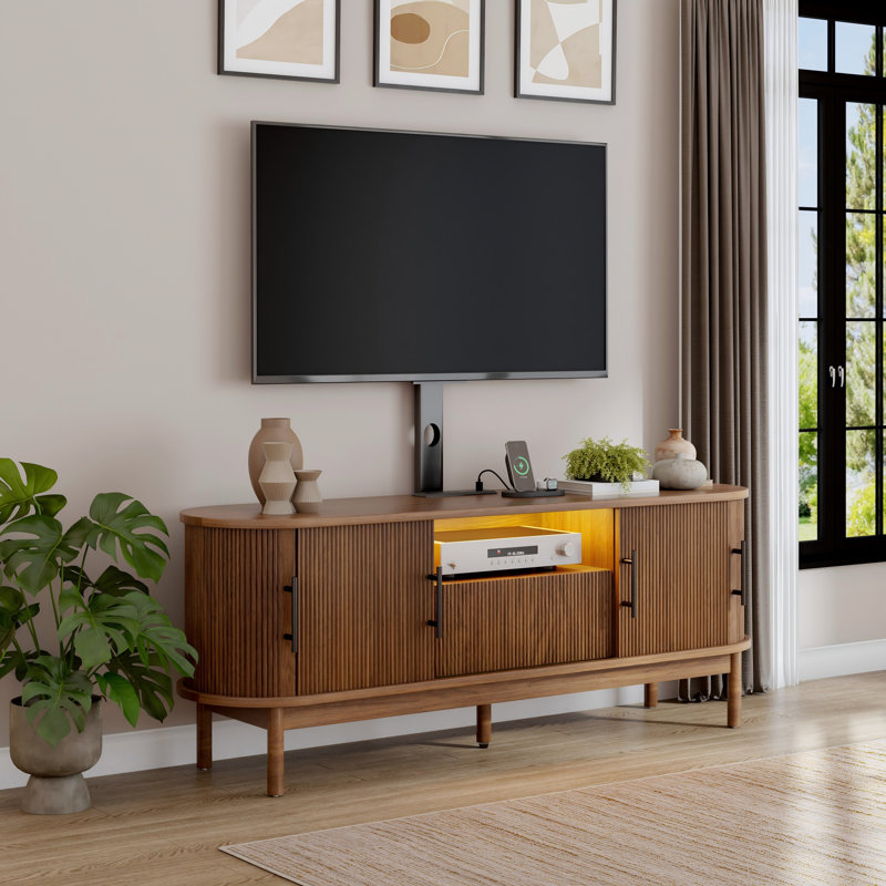  Modern Fluted TV Stand With Mount & Charging Hub, Brown, 55" H x 60" W x 15.4" D