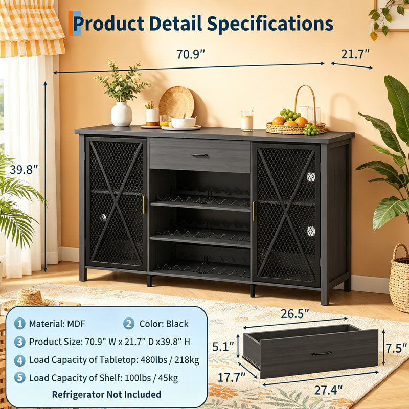 Coffee Bar Cabinet with Mini Fridge Space, 71" L Kitchen Wine Cabinets with Wine Rack & Large Drawer, Wood Buffet Sideboard Table Station for Kitchen, Dining Room, Living Room.