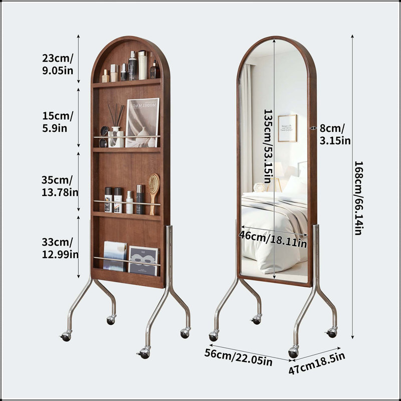 Arched Full Length Mirror with Storage Shelves and Rolling Wheels