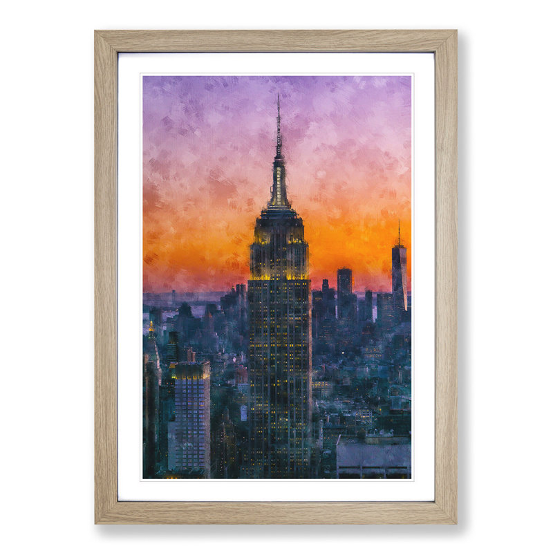 Empire State Building Sunset - Single Picture Frame Painting on MDF, 87cm H x 62cm W x 2cm D, Oak Framed
