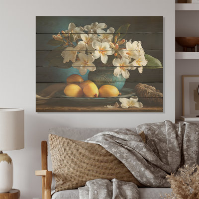 Plumeria Vase Bouquet Still Life - Plumeria Wood Art On Natural Pine Wood