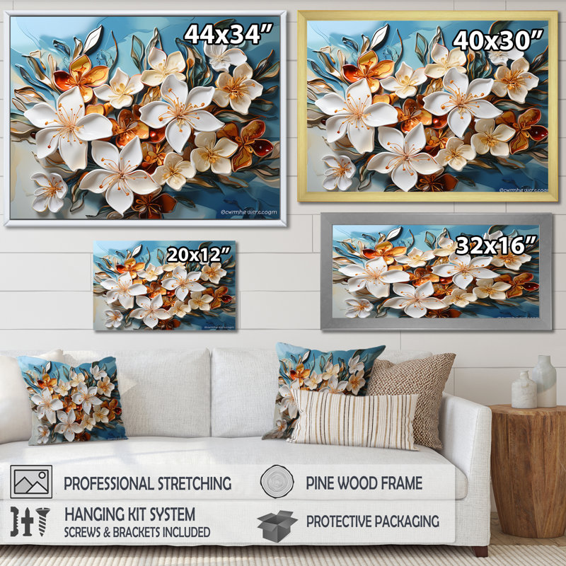 " White Plumeria Liquid Art Flower Field ", Floater Framed Black, 34" H x 44" W