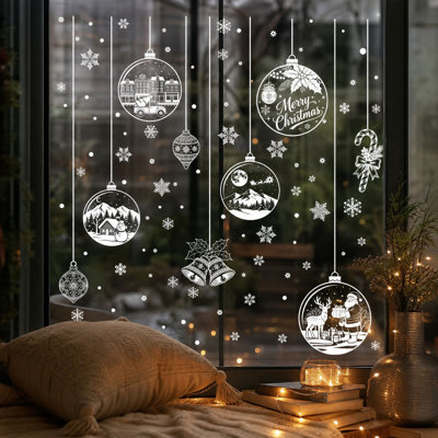 Christmas Window Clings Snowflake Ball Ornaments  Window Stickers White Hanging Bauble Santa Snowman Candy Cane  Decals For Xmas Home Glass Door Decorations