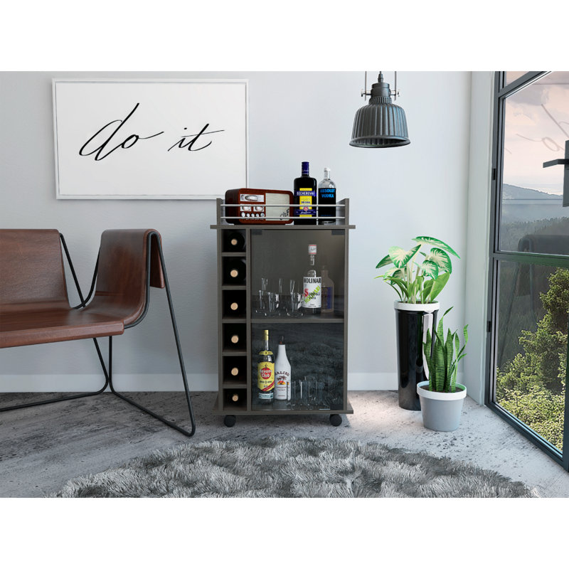 Dukat Bar Cart with Two Shelves, Six Built-in Wine Racks, and Four Caster, Movable Bar Carts, Carbon Espresso