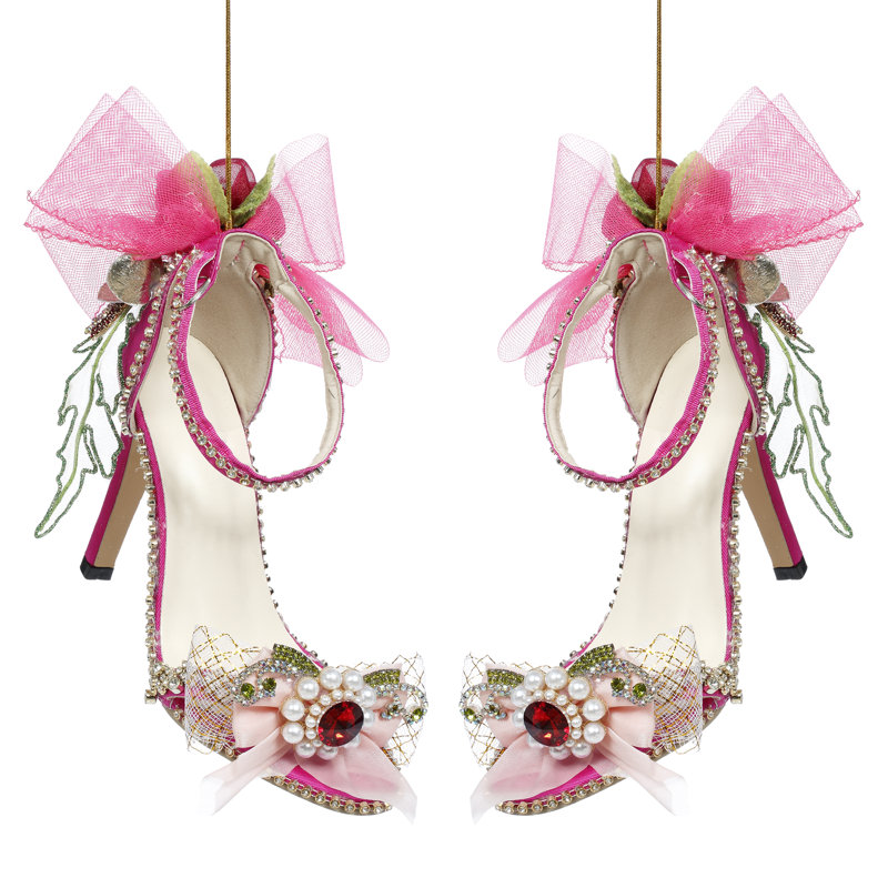 Chaussure fuchsia, avec ruban et ornement en diamant - 3 x 8 pouces, ensemble de 2