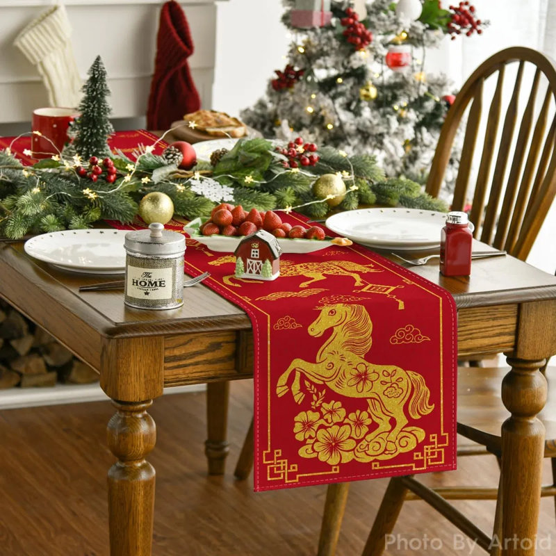 2026 Year Of The Horse Chinese New Year Table Runner – Lunar New Year Spring Festival Dining Table Decoration, 100% Polyester, Washable Kitchen & Party Tablecloth