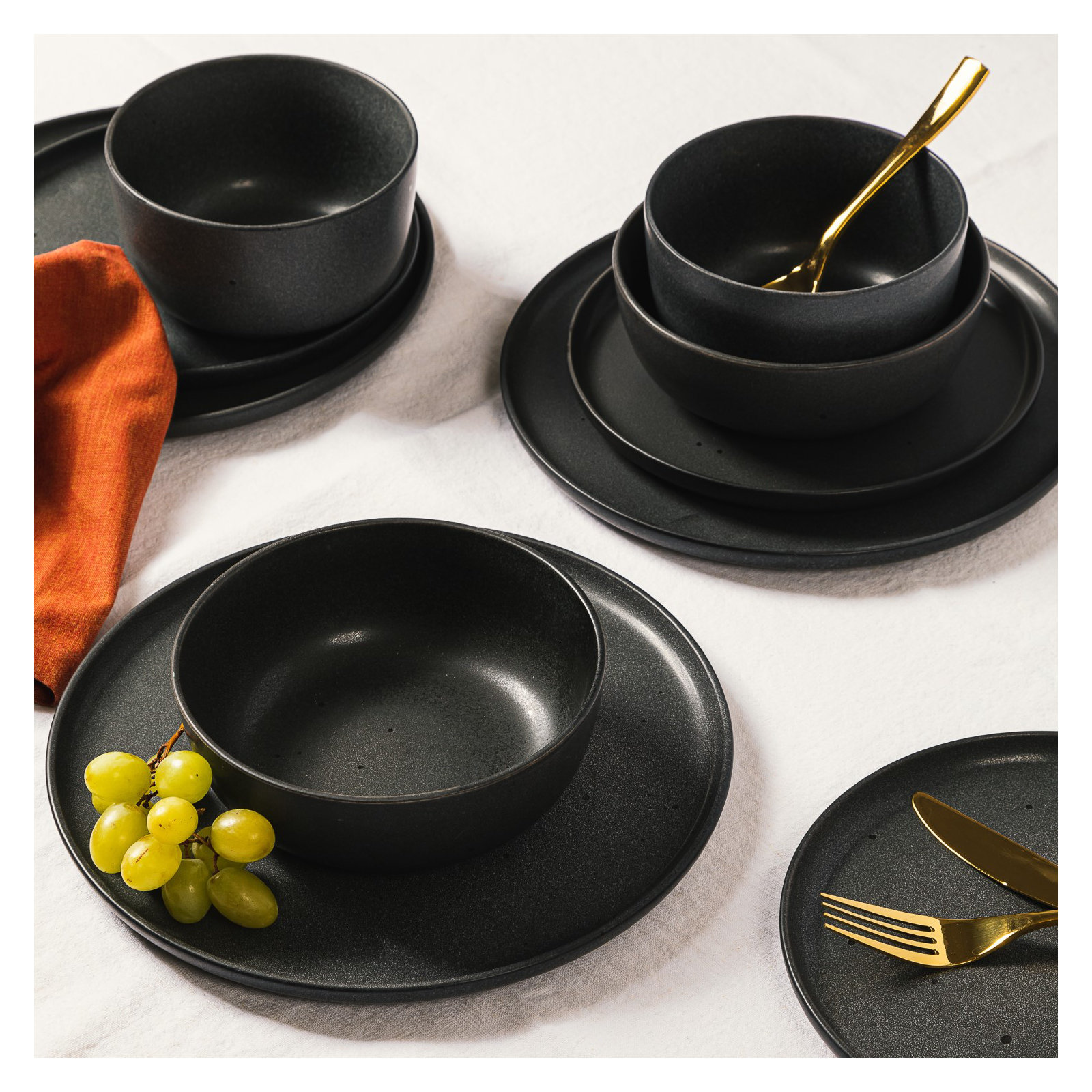Gibson Elite James Street 16 Piece Stoneware Matte Reactive Double Bowl Dinnerware Set, Truffle Gray