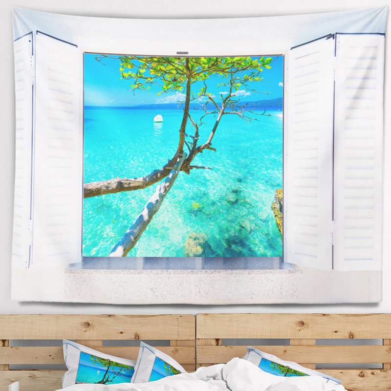 Paysage marin ouvert fenêtre à la tapisserie magnifique bord de mer, H 78 po x l 92 po
