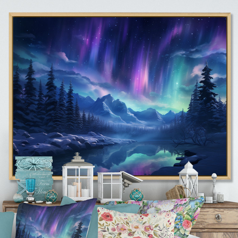 Northern Lights I - aurore boréale, art mural pour le salon, H 34 po x l 44 po x P 1,5 po, Cadre naturel flottant
