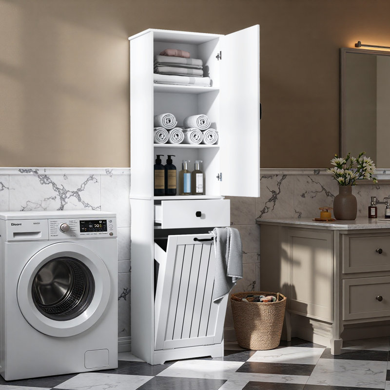 White Laundry Cabinet With Storage Drawer & Removable Laundry Bags, Freestanding Organizer For Bathroom Or Laundry Room