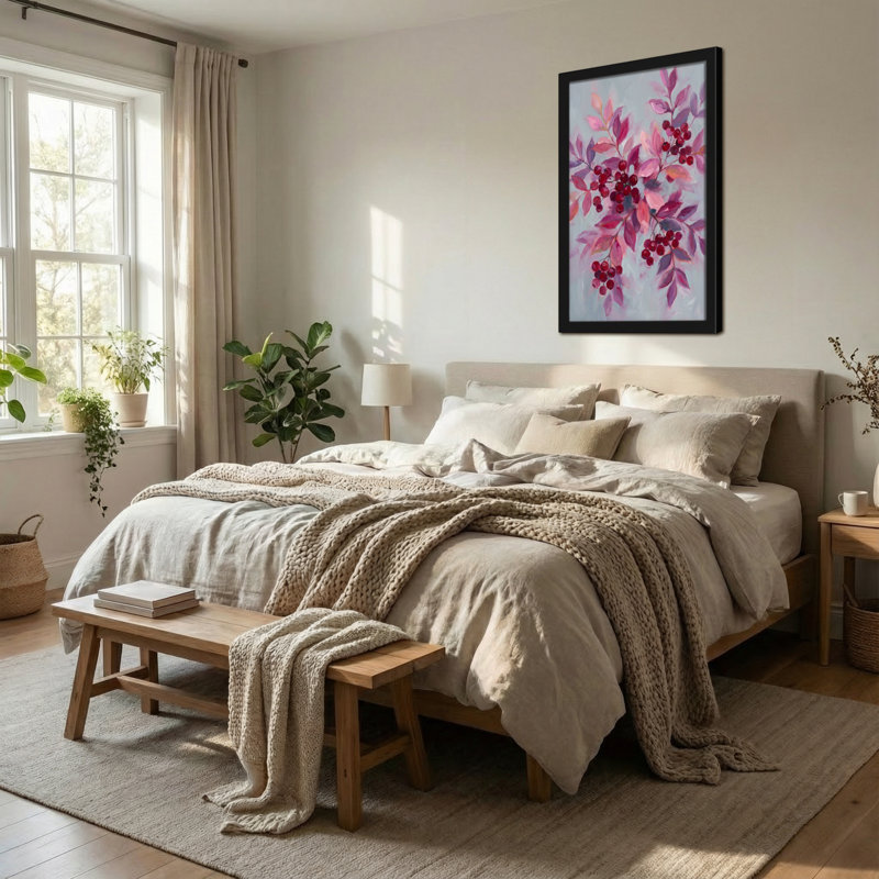 Plantes et fleurs, feuilles roses et baies rouges sur toile, H 12 po x l 18 po