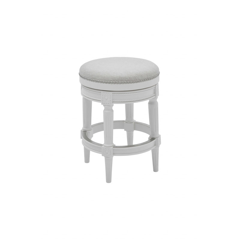 26" White Solid Wood and Fabric Backless Counter Height Swivel Bar Chair, Bar Stool (31” Seat Height)