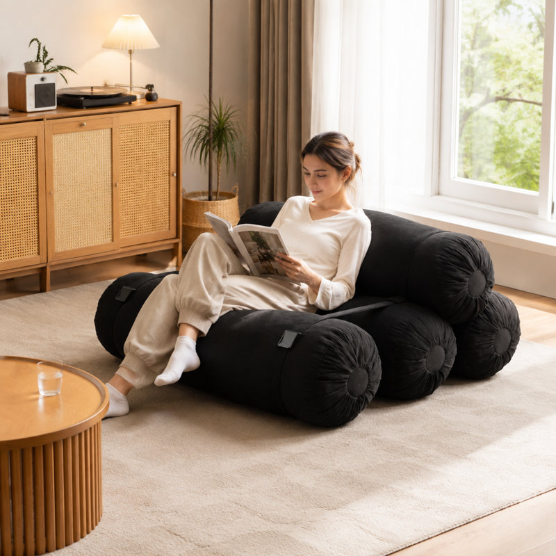 Canapé de sol réglable en velours côtelé, canapé relax modulaire de 5 pièces avec sangles, noir