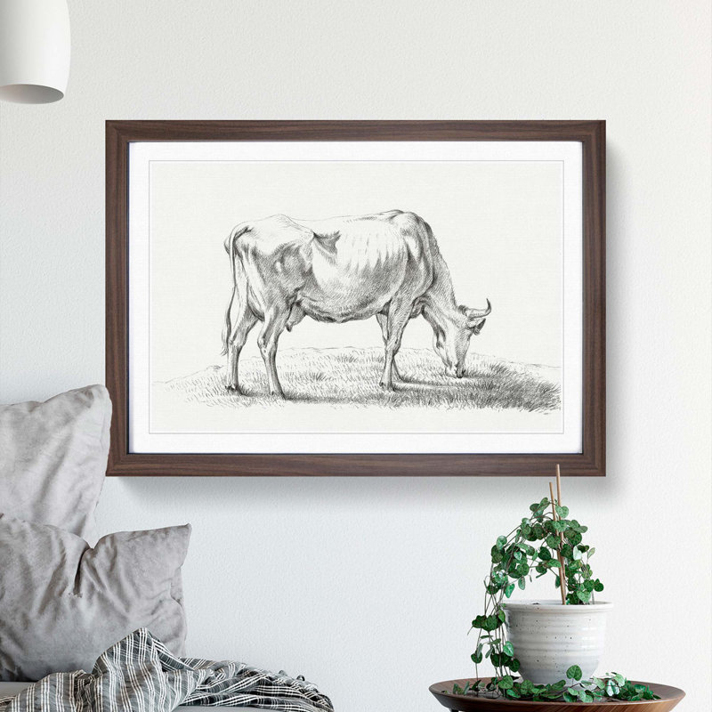 A Grazing Cow by Jean Bernard - Single Picture Frame Print, 45cm H x 63cm W x 2cm D, Walnut Framed