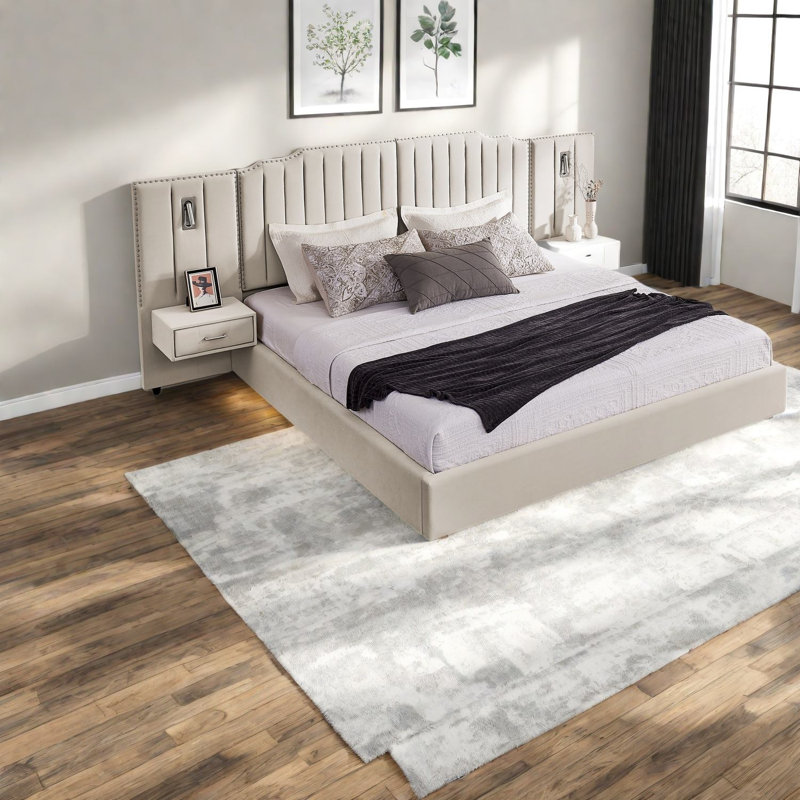 Lit tapissier très grand moderne en velours avec table de chevet intégrée