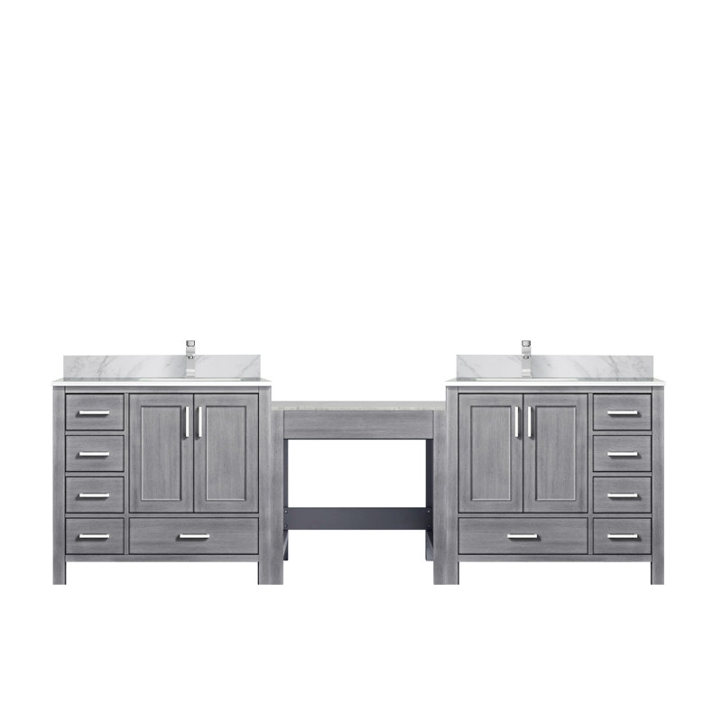 Meuble-lavabo double autoportant 102 po avec comptoir en marbre de Carrare, Gris patiné