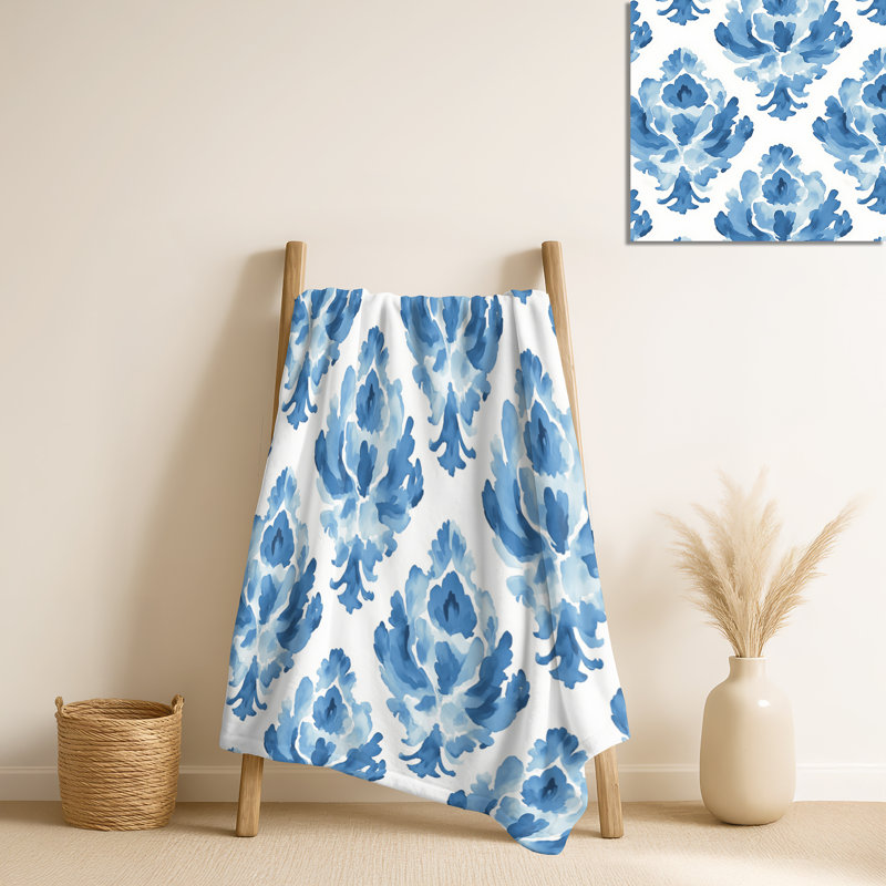 Blue And White Cloud Ikat – Boho Cozy Blanket, Modern Soft Throw