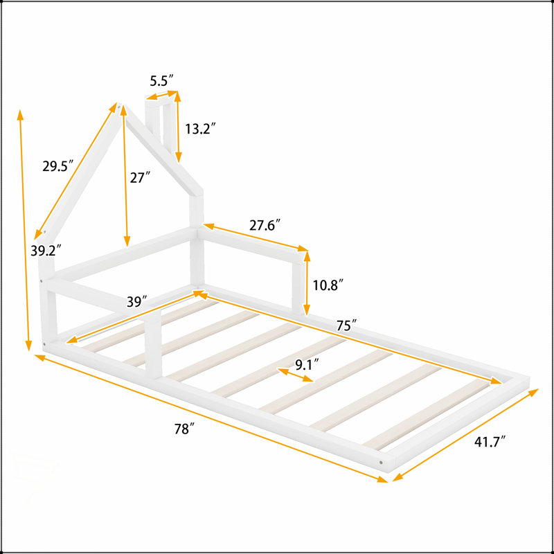 Wood Floor Bed With House-Shaped Headboard, Durable Solid Wood Construction For Cozy And Modern Bedrooms, Twin, White
