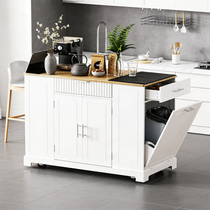 Fluted Kitchen Island with Trash Can Storage, Power Outlet, and Rolling Wheels for Modern Kitchens., White
