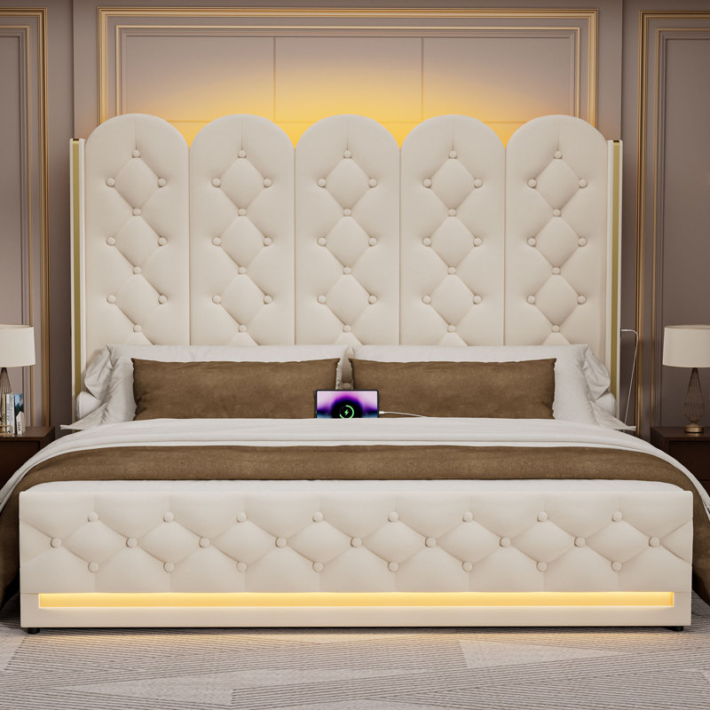Lift Up Storage Bed,Tall Bed Frame,Upholstered Velvet Bed Frame with LED Lights and 58-Inch High Button-Tufted High Headboard,No Box Spring Needed,Noise-Free,Easy Assembly