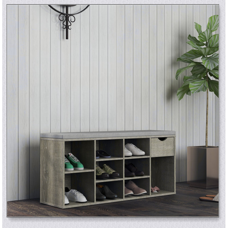Banc de rangement multifonctionnel pour hall d'entrée avec coussin rembourré, tiroir et compartiments ouverts pour chaussures et accessoires