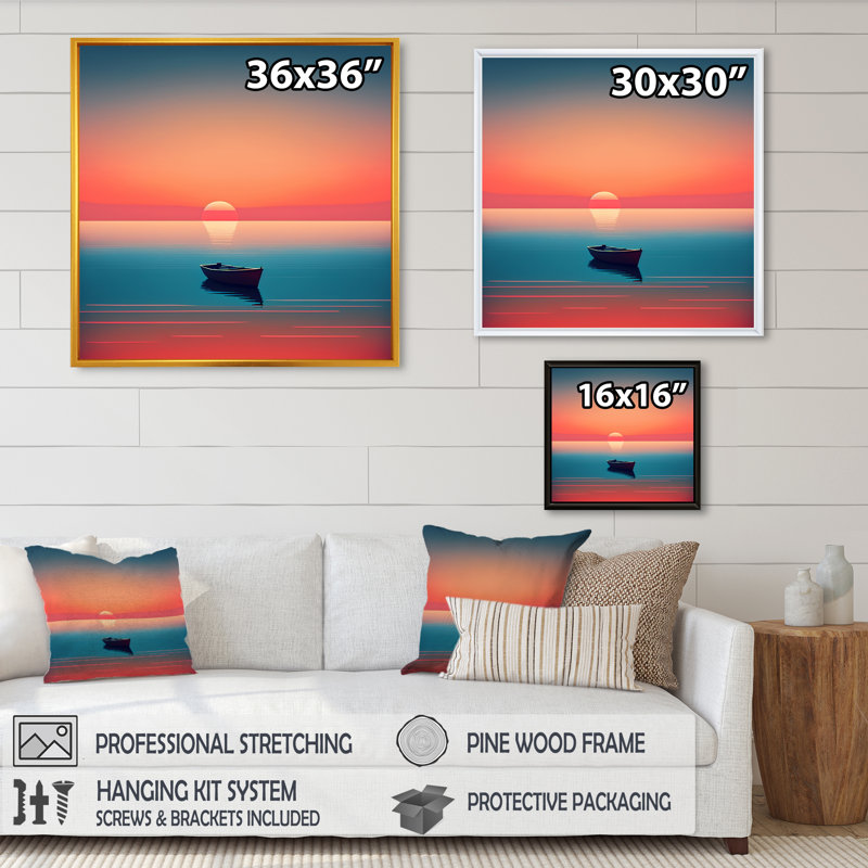 Patton Minimalistic Sunset pendant la pleine lune V - reproduction sur toile, L 24 po x H 24 po, Cadre flottant noir